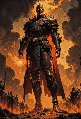 A powerful male fantasy warrior clad in intricate dark armor with a long cape, holding glowing orange flames in both hands, standing on a chaotic battlefield with soldiers and a stormy fiery background.