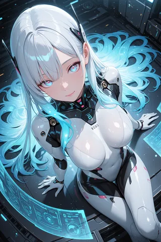 A science fiction android girl with long glowing blue hair reclining, surrounded by a holographic interface, with ethereal light particles and neon accents.