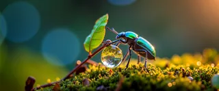 Close-up macro photography of a jewel-toned beetle with iridescent green and blue hues clinging to a mossy stem beside a large spherical water droplet, glowing softly in golden hour light with a bokeh background.