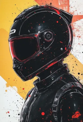Black motorcycle helmet with visor down, red splatters, shining lenses, set against a yellow and reddish abstract geometric background with a playful scribble style.
