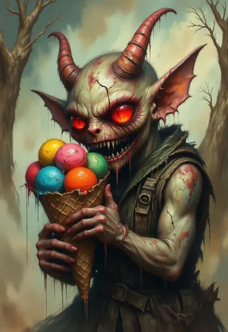 A highly detailed digital painting of a gremlin-like demon with crimson glowing eyes holding a large ice cream cone with six colorful scoops. The demon has two uneven curved horns, cracked skin, and a battle-worn appearance with deep scars. Blood and colorful ice cream juice drip from its sharp teeth and hands, set against a muted background with sparse trees casting flickering shadows.