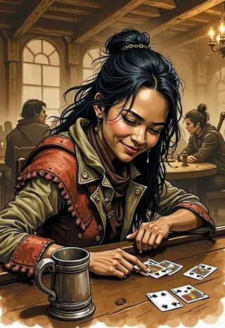 A Filipina rogue with a smirking grin sits at a tavern table, pointing at playing cards with a tankard nearby, rendered in warm sepia tones with detailed clothing and soft background.