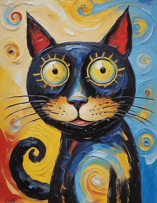 Vibrant abstract painting of a black cat with large expressive yellow eyes, set against a swirling colorful background of yellow, blue, and red, featuring bold brushstrokes.