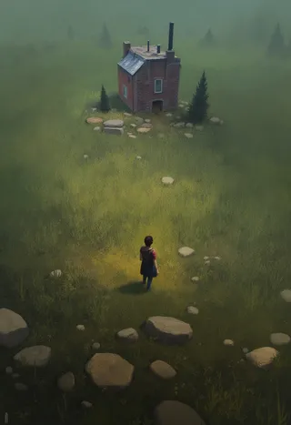 A woman walks through a foggy grassy field toward a small isolated brick house surrounded by rocks and pine trees, viewed from above.