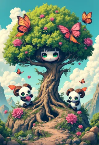 A living bonsai tree with a chibi face surrounded by butterflies and cute cloud-pandas with ram horns, holding pink flowers, under a blue sky with clouds and mountains.