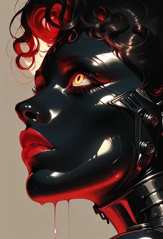 Close-up cyber-noir portrait of a red-skinned woman with piercing amber eyes, wearing a high-tech gas mask with neon reflections and volumetric shadows.