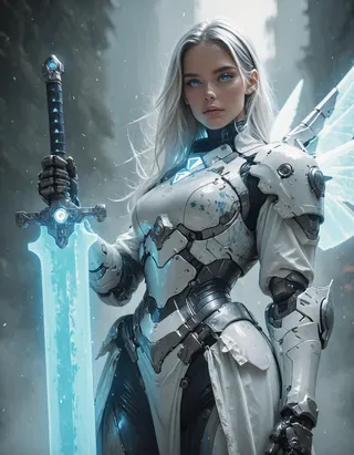 Close-up of a white-haired girl with blue eyes wearing white mecha armor with blue details, holding a blue glowing sword, and white mecha wings, with a space station background.