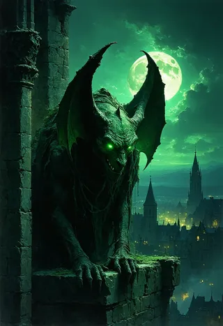 Dark fantasy illustration of a menacing gargoyle with glowing green eyes perched on a stone ledge under a full moon above a medieval city, surrounded by nocturnal mist.