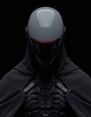 Close-up of a futuristic black helmet with a glowing red visor, worn with a black cape and detailed cybernetic armor, set against a black background.