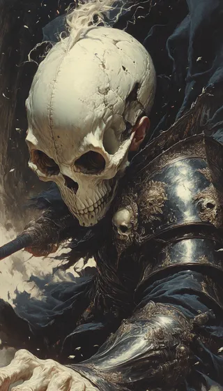 Dark digital painting of a skull-headed knight wearing detailed ornate armor in a dynamic pose during an epic battle.