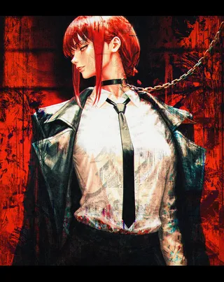 Makima from Chainsaw Man with red hair and narrow waist, wearing a white shirt, black tie, and leather jacket, chained collar around neck on red background