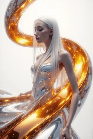Young woman with long white hair in a silver metallic dress poses elegantly beside a swirling ribbon of molten chrome and liquid gold on a white background.