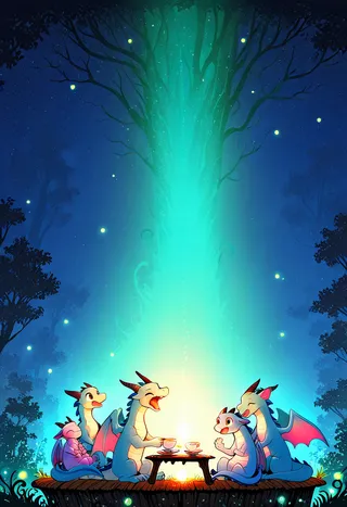 A whimsical scene of baby dragons enjoying a tea party around an enchanted table at night, surrounded by glowing fireflies and soft, cozy fantasy lighting.