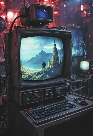 Close-up view of an old CRT screen integrated with vintage computer hardware displaying a spaceman overlooking a fantasy castle landscape under a starry sky in desaturated dark red and blue lighting.