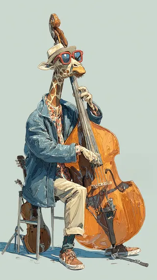 Stylized digital illustration of a cartoon giraffe playing a double bass, wearing a hat, red sunglasses, a colorful shirt, blue jacket, khaki pants, and sneakers.