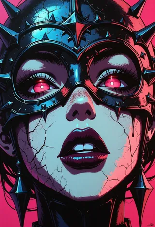 Close-up view of a gothic knightess wearing a cracked, spiked black mask with glowing magenta eyes and dark lipstick, rendered in a vivid pop-art surreal style with clashing neon colors.