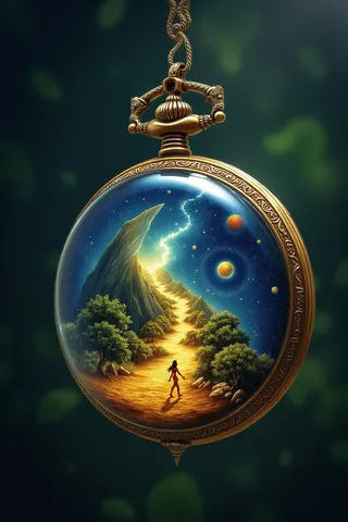 A golden pocket watch hanging with a cosmic scene inside, featuring a path leading to mountains, a silhouette of a woman, swirling galaxies, and planets, in a steampunk fantasy style.