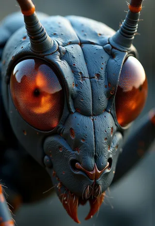 Close up digital artwork of an ant's face with highly detailed textured blue skin and large orange reflective eyes showing a surreal netherworld.