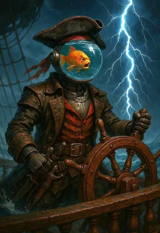 Un android pirata con testa a boccia contenente un pesce rosso arancione sta conducendo il timone di una nave pirata in un mare tempestoso con fulmini sullo sfondo, vestito con abbigliamento pirata in pelle robusta.