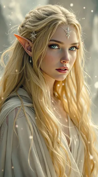 Realistic portrait of a beautiful elf woman with long blonde hair, blue eyes, pointed ears, wearing delicate silver elven jewelry and a flowing white gown.