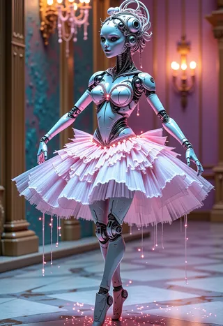 A robotic ballerina with chrome-plated joints and pastel-pink tutu twirling gracefully in a crystal theater illuminated by bioluminescent chandeliers, with LED expressions and a nanothread tutu emitting stardust.