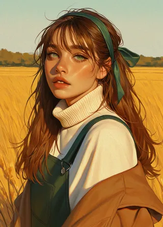 Realistic portrait of a girl with brown hair and green eyes wearing a white turtleneck sweater, green overalls, and a green hair ribbon, looking at the viewer in an outdoor field.