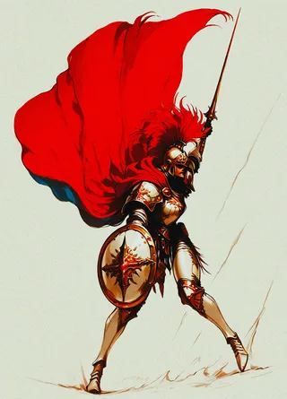 A dynamic illustration of a knight wearing full white armor and a winged helmet, wielding a polearm and round shield with a red cape flowing behind.