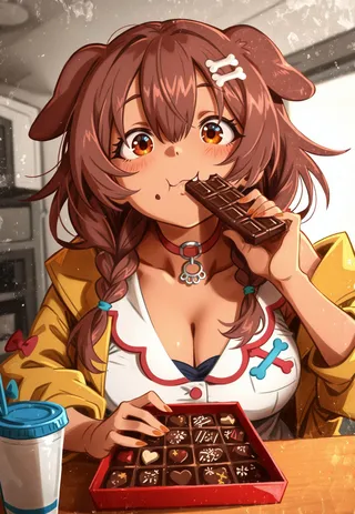 Inugami Korone dog girl with braided brown hair and dog ears eating a chocolate bar from a box of chocolates, anime-style artwork in Khyle style with high detail.