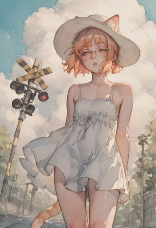 A thin boy with light orange cat ears and tail, wearing round glasses and a flowing white sundress, stands at a railroad crossing with a passing train under dawn pastel skies.