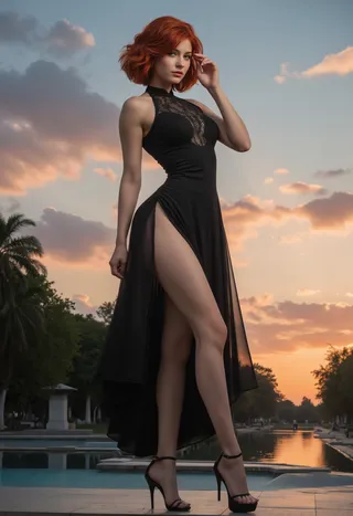Woman with short red hair wearing a black evening dress with a high slit, posing elegantly at sunset in a park with a reflective water body in the background.