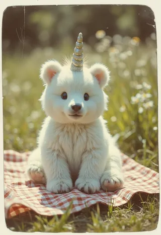 A vintage-style photograph of an adorable unicorn bear with fluffy pastel fur and a sparkling horn, sitting on a red and white checkered picnic blanket in a sunlit meadow with washed-out faded colors and a nostalgic tone.