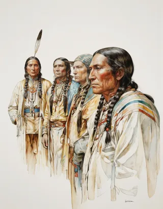 Watercolor and ink portrait of four Native American men from the early 20th century, wearing traditional clothing and accessories with detailed shading and vibrant colors.