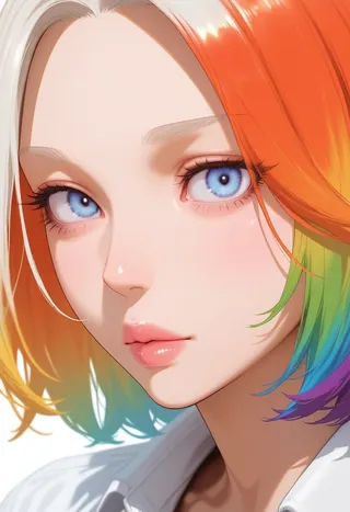 Close-up of a realistic girl with rainbow-colored hair, striking blue eyes, and soft pink full lips, rendered with HDR and volumetric lighting.