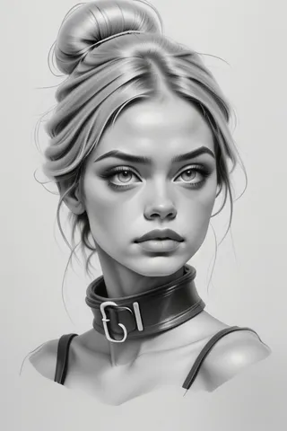 Monochrome portrait of a young woman with blonde hair tied in a hairbun, wearing a wide leather collar, looking at the viewer with detailed facial features.
