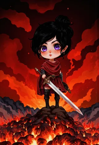 Chibi Amazon warrior with large purple eyes and a red cloak stands on a burning battlefield holding a sword against a dark fiery sky.