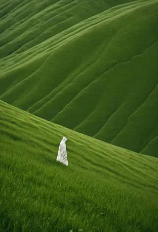 A solitary person dressed in a flowing white garment stands on a lush green hillside with steep slopes and natural contours under soft natural side lighting, photographed using telephoto compression.
