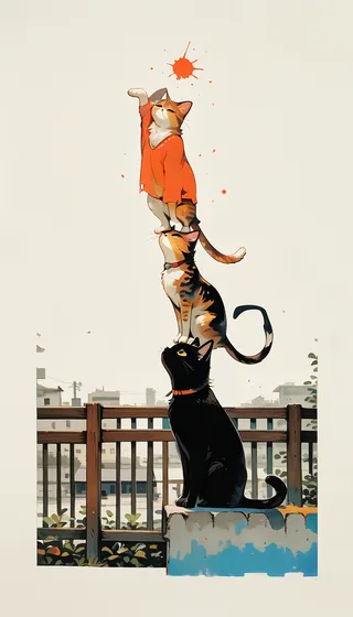 Illustration of three cats stacked and balancing on a fence in an urban setting, one wears an orange sweater reaching for an orange paint splash.