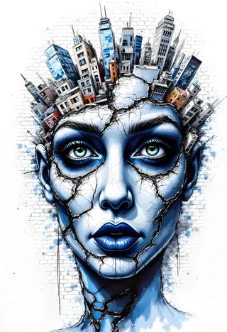 A surreal face with cracked blue skin and detailed eyes, topped with multiple layers of urban buildings, set against a white brick wall background.