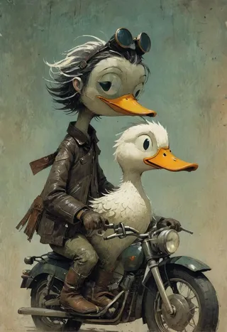 An anthropomorphic duck wearing oldschool goggles and a leather jacket riding a motorcycle with a white duck sitting in front.