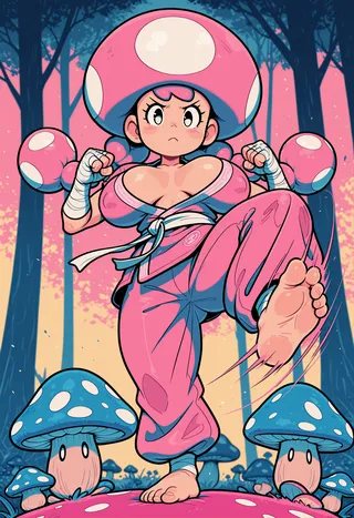 Close-up of Toadette in a pink martial arts outfit performing a dynamic barefoot kick in a mushroom forest with bandaged hands and determined expression.