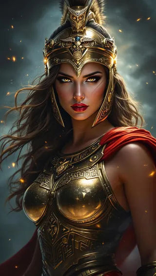 Portrait of a divine warrior woman resembling Athena wearing a golden Corinthian helmet and intricate golden armor, with flowing hair and a red cape against a stormy background.