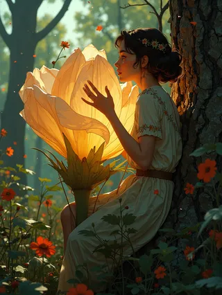 A beautiful girl in a floral dress sitting beside a tree, interacting gently with a glowing gigantic flower bathed in warm sunlight in a forest with orange flowers.