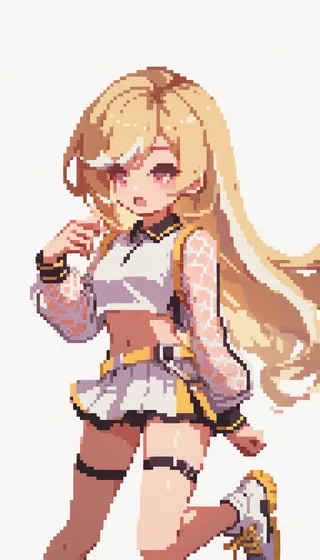 Pixel art portrait of a girl with very long blonde hair, pink eyes, wearing a white crop top with mesh sleeves, a pleated white tennis skirt with yellow accents, black thigh straps, and white high-top sneakers with yellow trim.