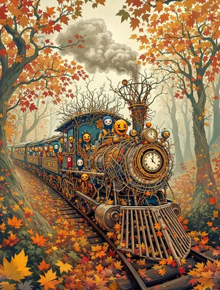 A steampunk-inspired train made of woven vines and mechanical parts travels through an autumn forest, surrounded by fall leaves. Passengers wear colorful masks shaped like different emotions.