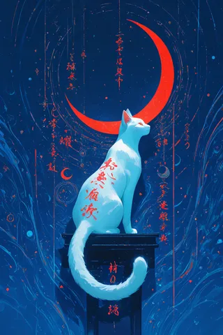 Eine weiße Katze sitzt in Seitenansicht auf einem Podest, mit roten kalligraphischen Markierungen am Körper vor einem tiefblauen abstrakten Hintergrund mit einem großen roten Sichelmond und umgebendem kalligraphischem Text.