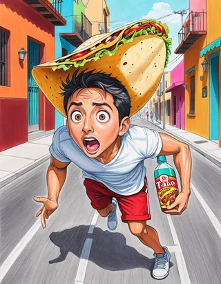 Ein cartoonartiges Bild eines jungen Mannes, der eine bunte mexikanische Straße entlangläuft, mit einem übertrieben großen Taco-Hut und einer Salsa-Flasche, mit einem schockierten Ausdruck.
