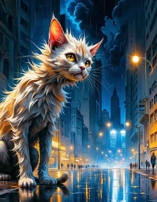 Anthropomorphe Katze mit wildem Fell und ausdrucksstarken Augen sitzt nachts auf regnerischer Stadtstraße, beleuchtet von lebendigen Straßenlaternen und tiefblauen Wolken am Himmel.