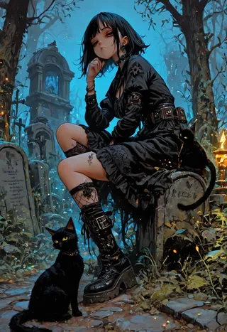 Eine Goth-Hexe mit kurzen schwarzen Haaren und gelangweilter Miene sitzt in einem Friedhof und trägt ein schwarzes Goth-Kleid und Stiefel, begleitet von zwei schwarzen Katzen.