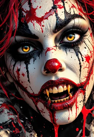 Close-up of a sinister female clown face with white makeup, red nose, golden vampire-like teeth, glowing yellow eyes, black eyeliner, black and red hair, and dramatic red blood and black ink splatters.