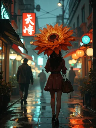A girl walking on a rainy street at night holding a gigantic flower as an umbrella, illuminated by glowing street lamps and neon signs.